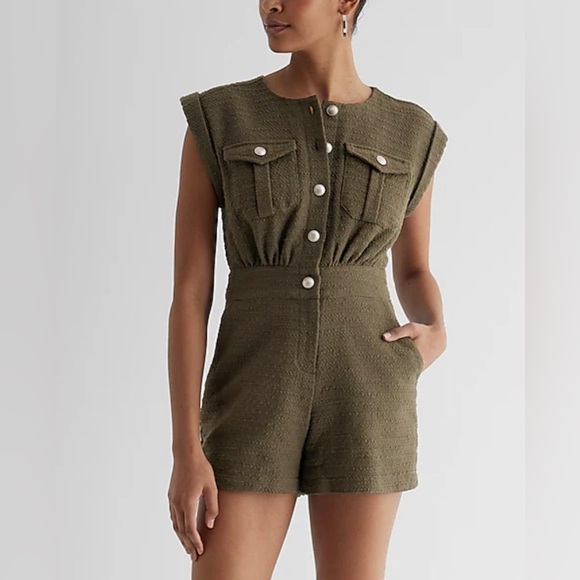 Express Tweed sleeveless utility romper army green Sz 10. military whimsical - Picture 1 of 7